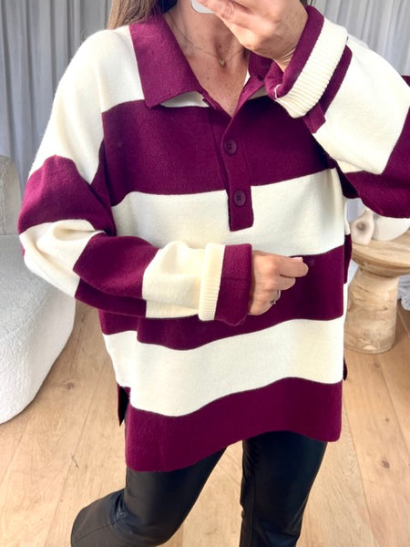 PULL COL RAYÉ BORDEAU