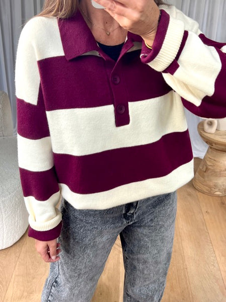 PULL COL RAYÉ BORDEAU