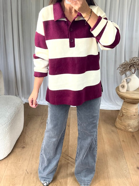 PULL COL RAYÉ BORDEAU