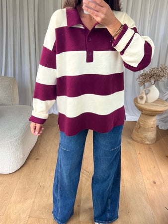 PULL COL RAYÉ BORDEAU
