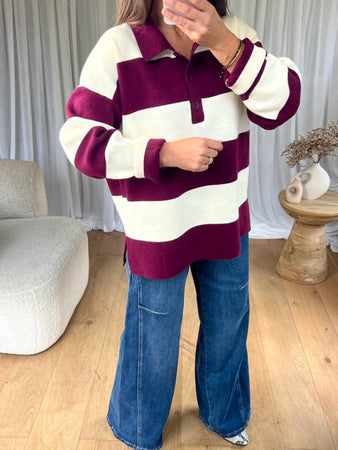 PULL COL RAYÉ BORDEAU