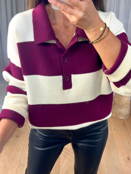 PULL COL RAYÉ BORDEAU