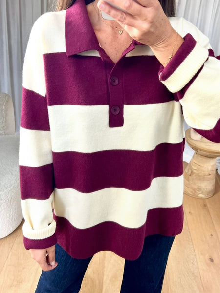 PULL COL RAYÉ BORDEAU