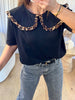 T-SHIRT COL CLAUDINE LÉOPARD NOIR