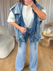 VESTE SANS MANCHES MOTARD EN DENIM BLEU