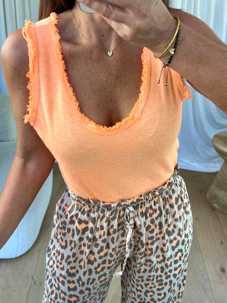 DÉBARDEUR FRANGES DÉLAVÉ ORANGE FLUO
