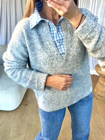 PULL COL CHEMISE VICHY GRIS
