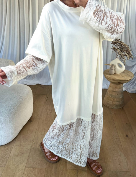 ROBE T-SHIRT DENTELLE BLANC