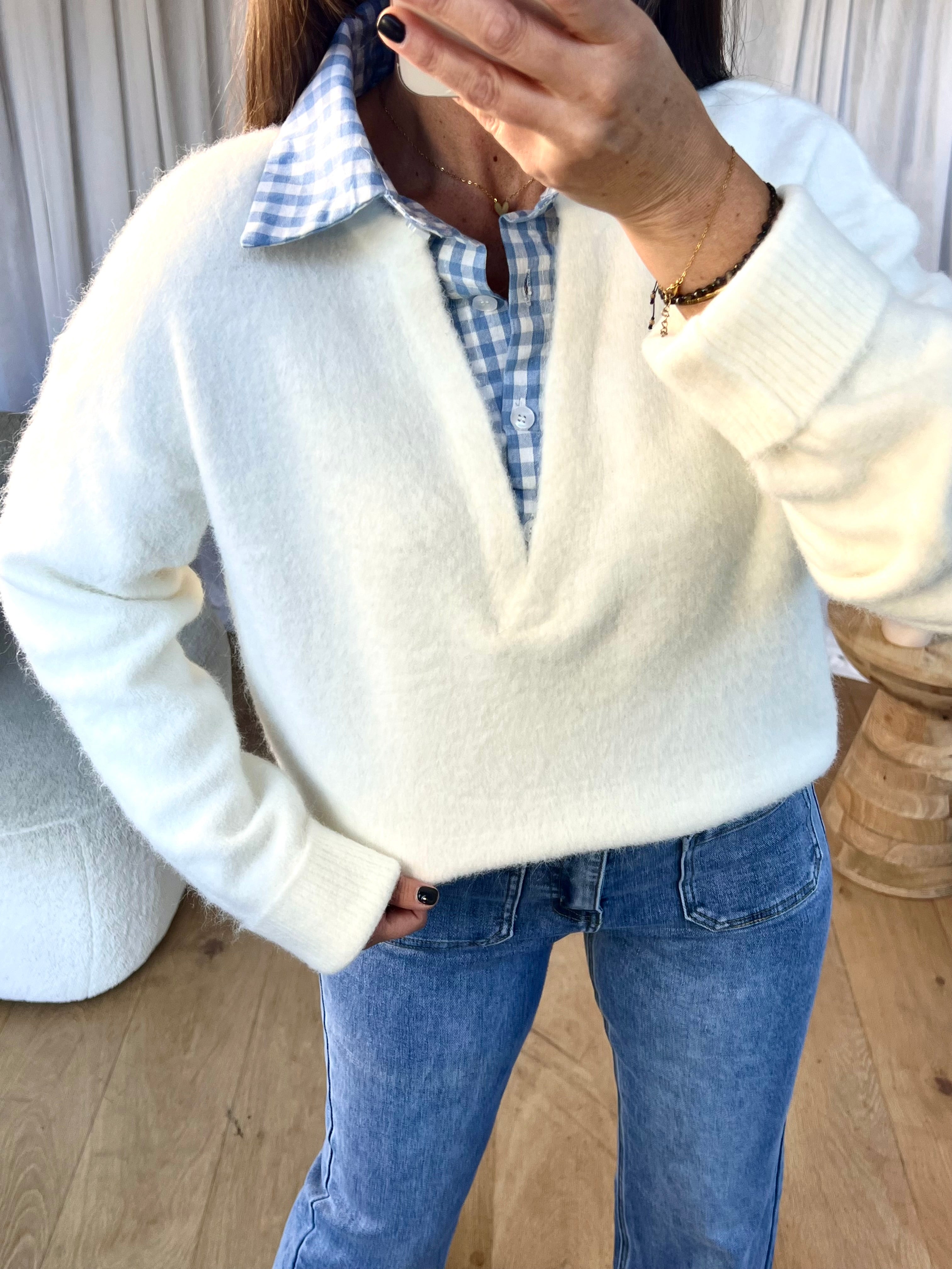 PULL COL CHEMISE VICHY BLANC