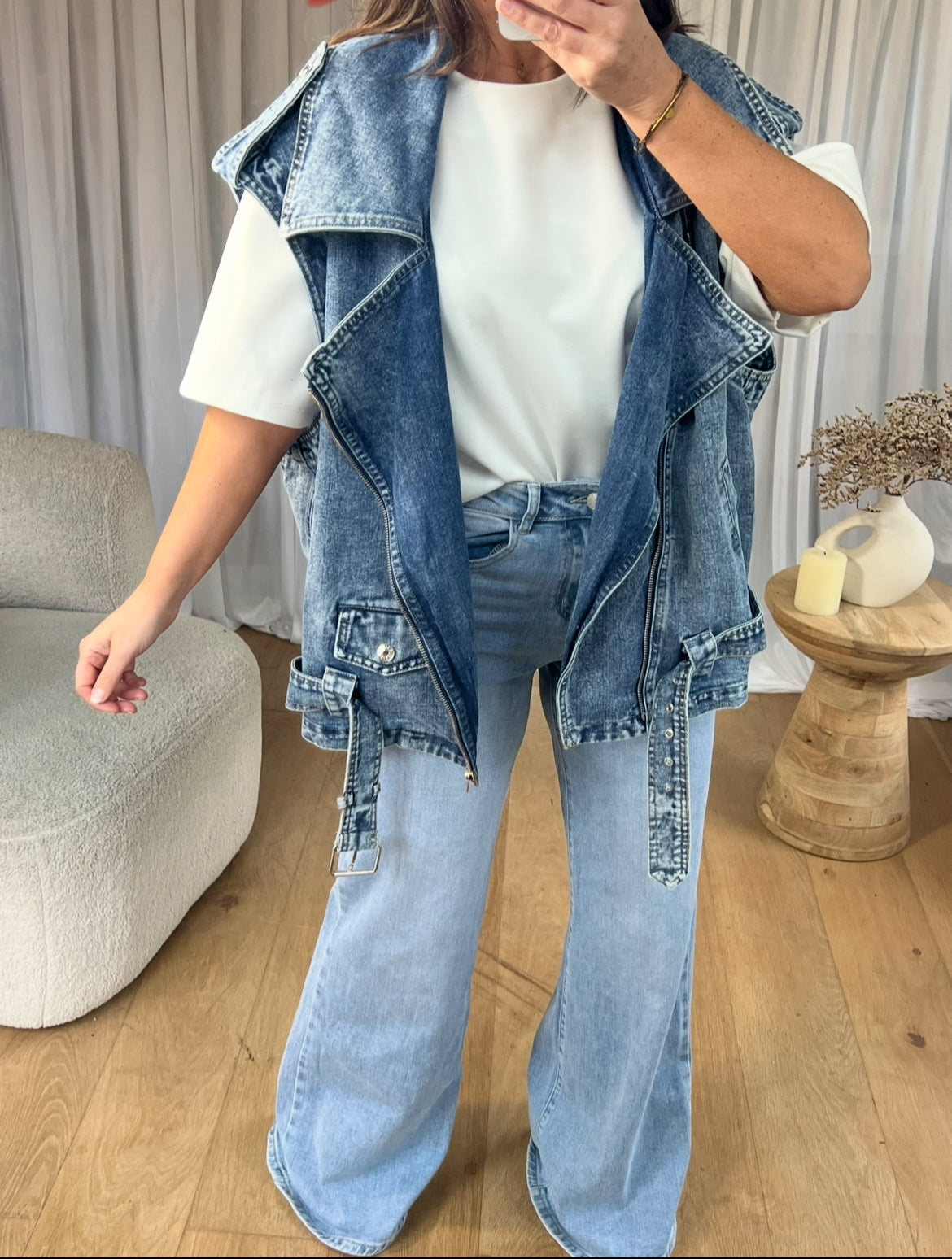 VESTE SANS MANCHES MOTARD EN DENIM BLEU