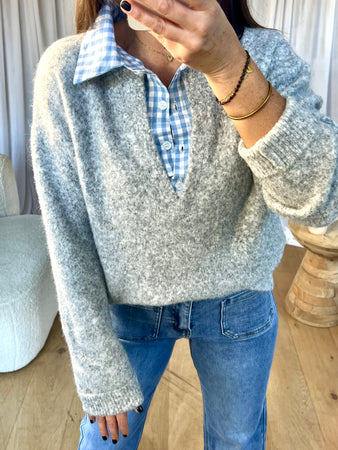 PULL COL CHEMISE VICHY GRIS