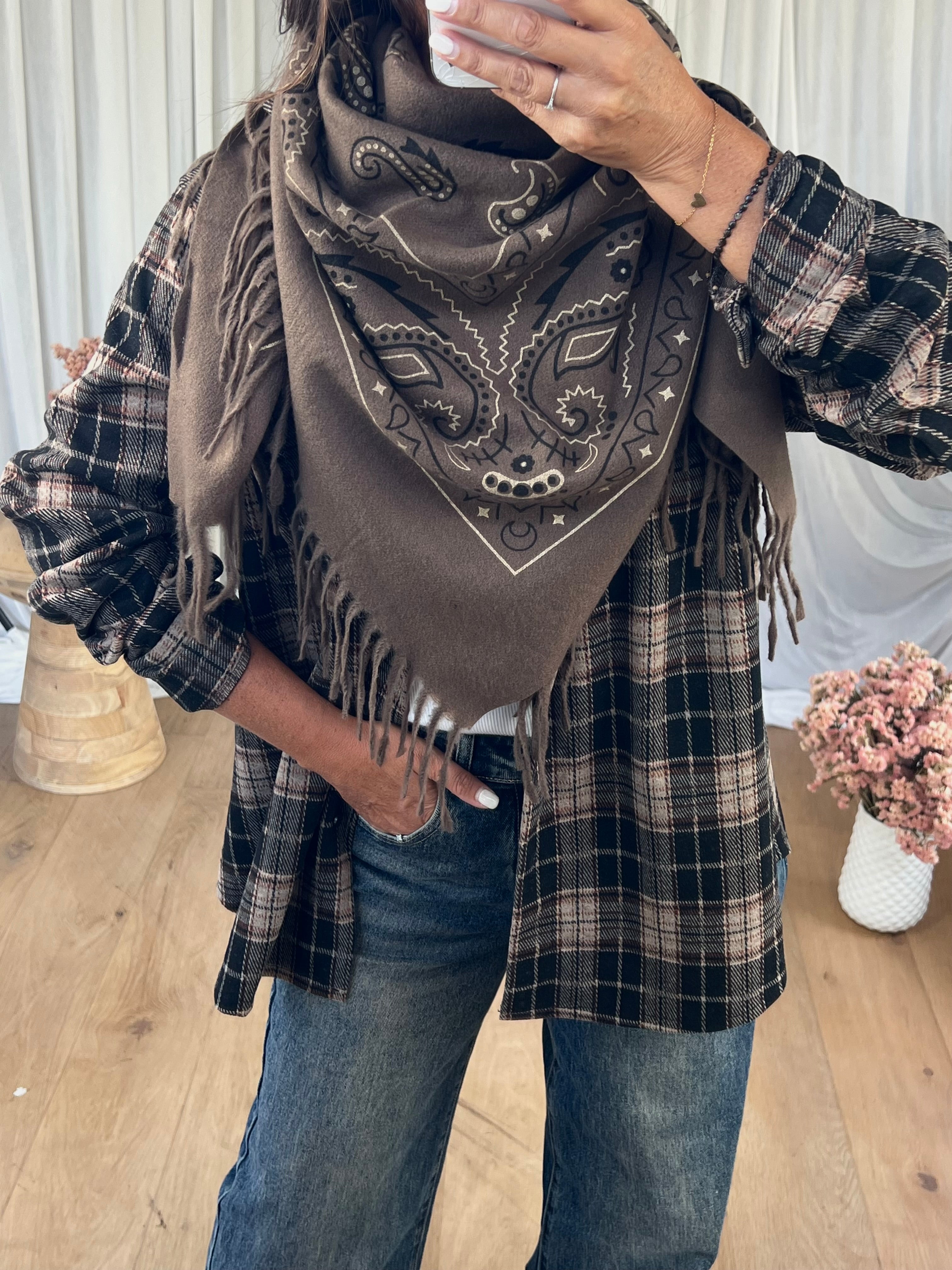 ÉCHARPE  BANDANA FRANGES CHOCO