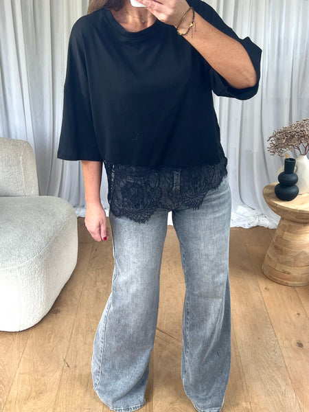 T-SHIRT ASYMÉTRIQUE DENTELLE NOIR
