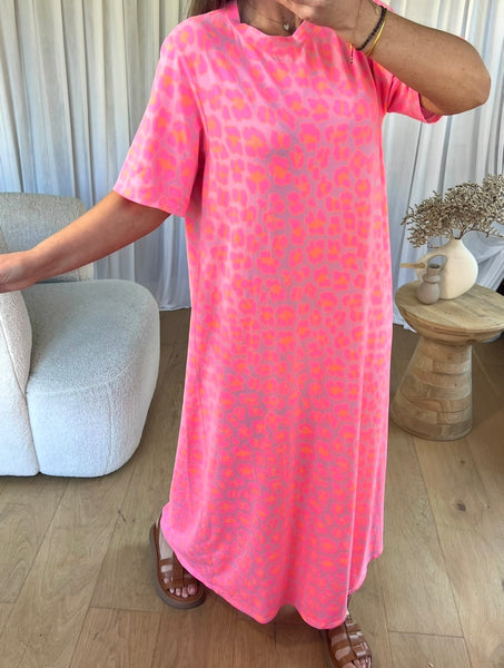 ROBE T-SHIRT LÉOPARD ROSE/ORANGE