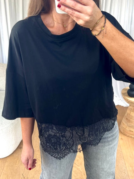 T-SHIRT ASYMÉTRIQUE DENTELLE NOIR