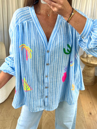 CHEMISIER MOTIFS FLUO BLEU