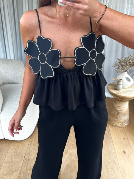 TOP FLEURS STRASS NOIR