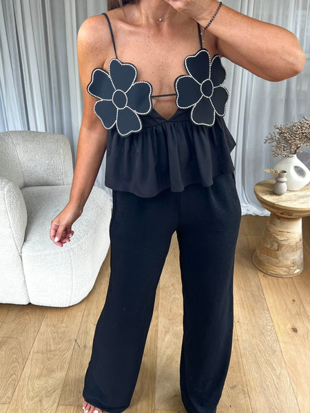 TOP FLEURS STRASS NOIR