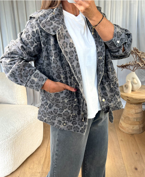 VESTE DENIM LÉOPARD GRIS
