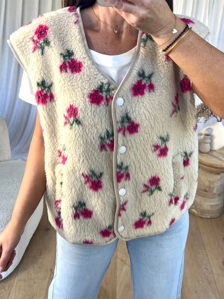 GILET SANS MANCHES BOUCLÉ FLEURS