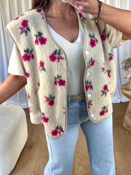 GILET SANS MANCHES BOUCLÉ FLEURS