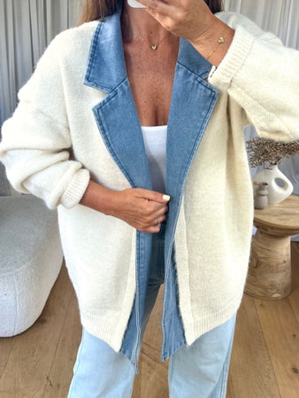 GILET COL REVERS DENIM ÉCRU