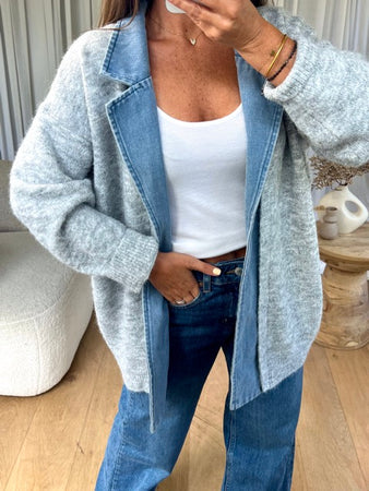 GILET COL REVERS DENIM GRIS