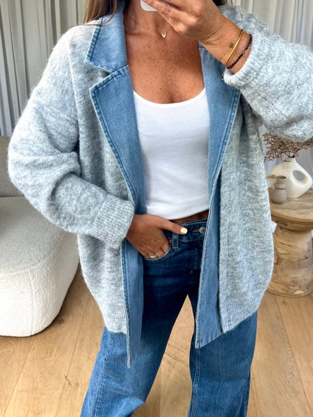 GILET COL REVERS DENIM GRIS