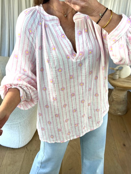 BLOUSE GAZE FLEURS ROSE