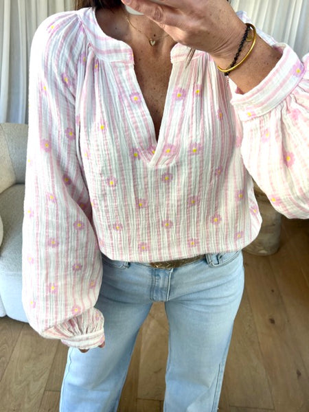 BLOUSE GAZE FLEURS ROSE