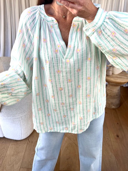 BLOUSE GAZE FLEURS VERT D'EAU