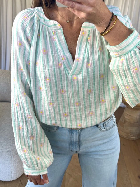 BLOUSE GAZE FLEURS VERT D'EAU