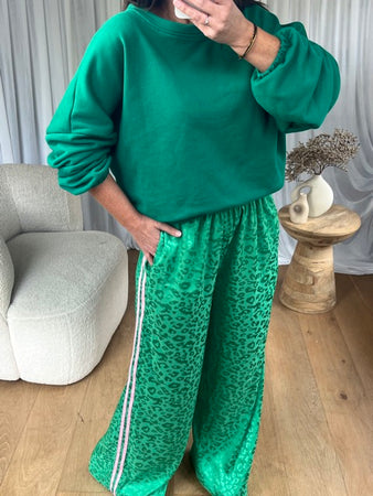 PANTALON SATINÉ LÉOPARD VERT