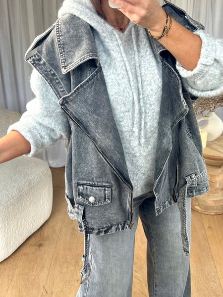 VESTE SANS MANCHES MOTARD EN DENIM GRIS