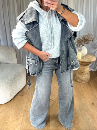 VESTE SANS MANCHES MOTARD EN DENIM GRIS